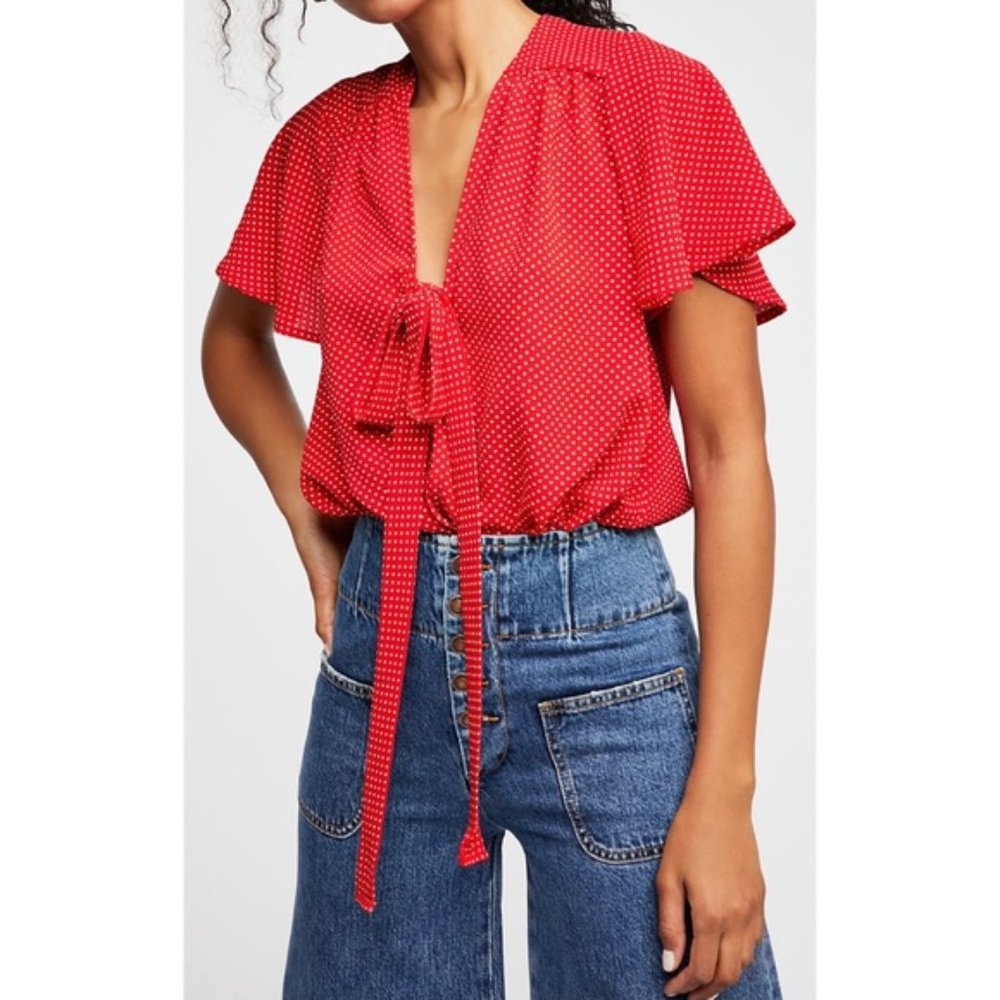 Free People Tie Front Polka Dot Bodysuit